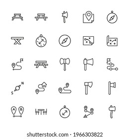 Big set of camping line icons. Vector illustration isolated on a white background. Premium quality symbols. Stroke vector icons for concept or web graphics. Simple thin line signs.