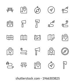 Big set of camping line icons. Vector illustration isolated on a white background. Premium quality symbols. Stroke vector icons for concept or web graphics. Simple thin line signs.