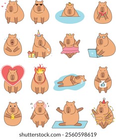 Big set capybara stickers. Emotions, emojis. Heart, anger, crying, like, tenderness, wink, okay, Christmas, new year, kiss, cool, spa, eat, ballerina, birthday, work, laugh. Communication, text