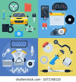 Big set of car repair service and spare parts icons. Electronics, engine, brakes, tyres and everything for car maintenance. Flat vector colorful illustrations