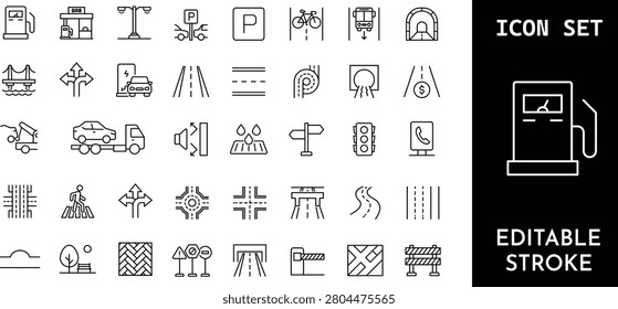 big set of car and road line icons. contains icons such as petrol station, gas station, parking, bridge, repair, tow truck, roundabout, map, editable stroke.