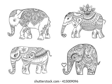 Big set card with Elephant. Frame of animal made in vector. Elephant Illustration for design, pattern, textiles. Hand drawn map with Elephant. Use for children's clothes, pajamas, web sites