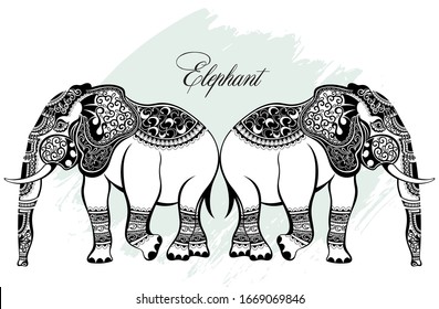 Big set card with Elephant.  Illustration for design, pattern, textiles. 