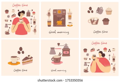 Gran juego de cartas con cafetera, taza, vidrio, molinillo de café alrededor de la mujer con estilo de arte de café sobre el fondo. Ilustración vectorial moderna en diseño plano.