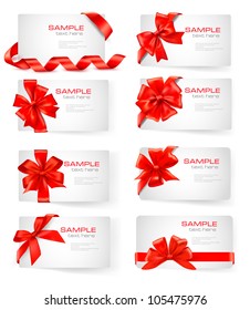 Big set of cards with red gift bows with ribbons  Vector