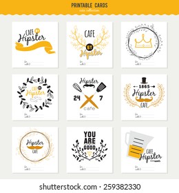 Big set of cards for restaurant and cafe menu design. Cooking logo and graphic elements in hipster style design. Vintage illustration template in vector. Fast Food.