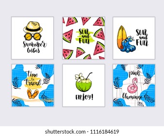 Big set cards. Sketch of summer objects. Vintage engraved illustration isolated on white background. Template for label, poster, postcard, invitation, flyer, logo, web. Lettering