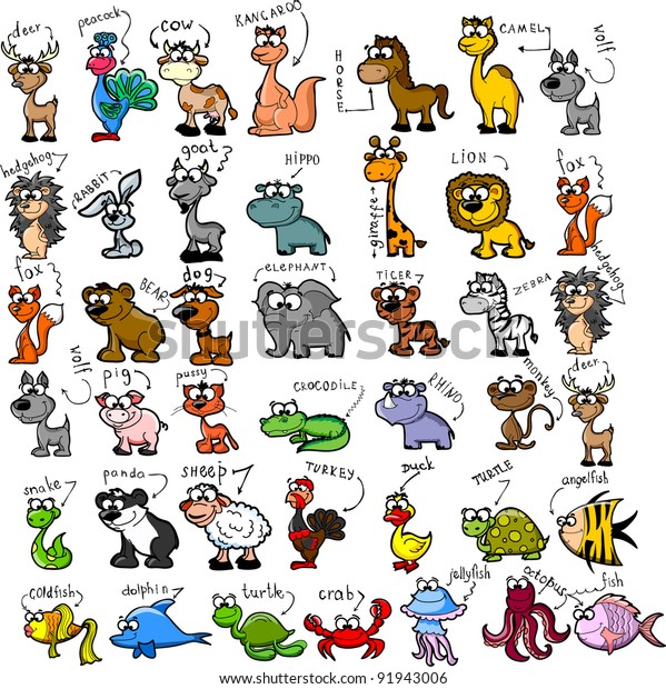 Big Set Cartoon Animals Stock Vector (Royalty Free) 91943006