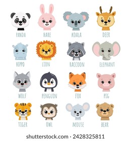 Gran conjunto de animales de dibujos animados. Doodle ilustración de oso, lobo, zorro, ciervo, mapache, liebre, panda, zorro, león, koala, búho, hipopótamo, ratón para tarjetas, revistas, banners. Ilustración de vector