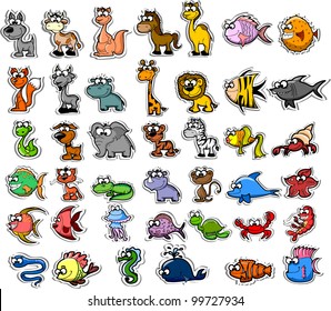 Big set of cartoon animals and fishes