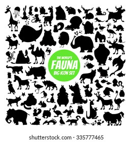 Big set of cartoon animals silhouettes. Vector illustration isolated on white background