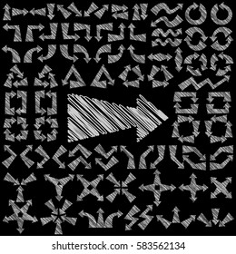 Big set of cartoon arrows. White isolated on black background. Vector illustration.
