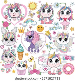 Big set with cartoon baby unicorns and decorative design elements for kids. Pastel and bright colors art. Vector.