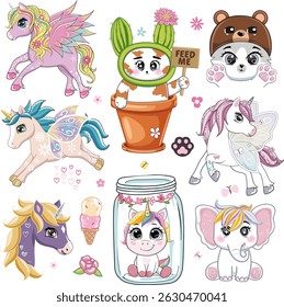 Big set with cartoon baby unicorns and cats and decorative design elements for kids. Pastel and bright colors art. Vector.