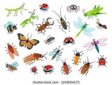 Big set of cartoon beetles. Cartoon bug characters isolated on white background. Collection happy insects. Vector illustration.