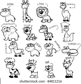 Big set of cartoon black and white animals