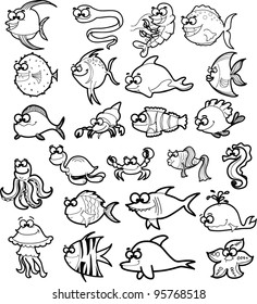 Big set of cartoon black and white marine animals