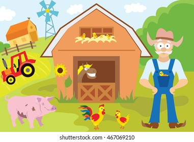 Big set of cartoon characters and elements of the farm. Buildings, farmer, livestock, animals, cars, trees. On an isolated white background. Vector illustration.