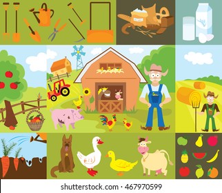 Big set of cartoon characters and elements of the farm. Buildings, people, livestock, animals, cars, trees, vegetables, fruits, inventory. Isolated on white background.