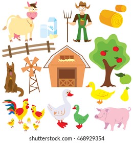 Big set of cartoon characters and elements of the farm. Buildings, farmer, livestock, trees. On a white background. Vector illustration.