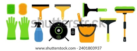 Big set of Cartoon cleaning tools for washing window, floor and wet cleaning isolated on white background. Professional tools from glove, sponges, automatic vacuum cleaner, bucket, window squeegee.