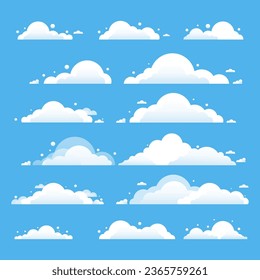 Big set of cartoon clouds isolated on blue background. White clouds for your design