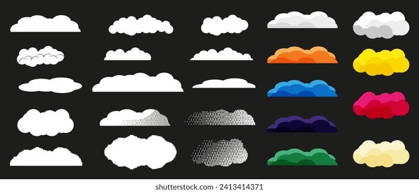 Big set cartoon Clouds isolated on black background. Collection Cloud in trendy Minimal style. Simple weather element. Vector illustration. EPS 10
