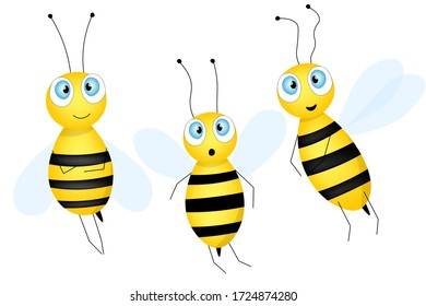 Big set of cartoon cute bee mascot. A small bees flies. Wasp collection. Vector character. Insect icon. Template design for invitation, cards, wallpaper, kindergarten. Doodle style.