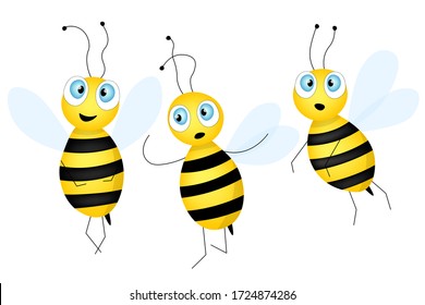 Big set of cartoon cute bee mascot. A small bees flies. Wasp collection. Vector character. Insect icon. Template design for invitation, cards, wallpaper, kindergarten. Doodle style.