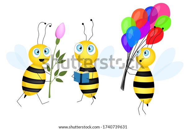 Big Set Cartoon Cute Bee Mascot Stock Vector Royalty Free 1740739631