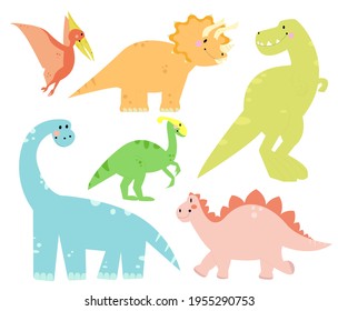 Big set with cartoon cute dinosaurs. Vector dino collection for kids design.