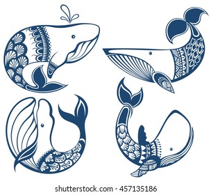 Big set of cartoon cute and funny whales, sea animals set, sea creatures collection