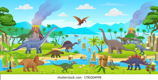 Große Menge an Cartoon-Dinosauriern. Pterodactylus, ankylosaurus, stegosaurus, pachycephalosaurus, spinosaurus, tyrannosaurus, tarbosaurus, triceratops, gallimimus, amphicoelias, diplodocus, plateosaurus