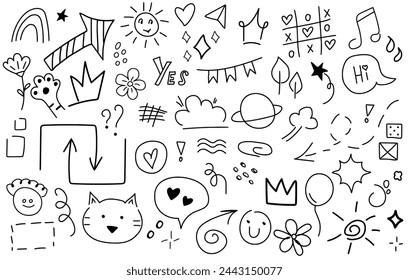 Big set of cartoon doodle elements . Line art. Hand drawn style.  Crowns, hearts, stars, flowers, sparkles, arrows, lightnings, rainbow, signs and other funny design elements.
