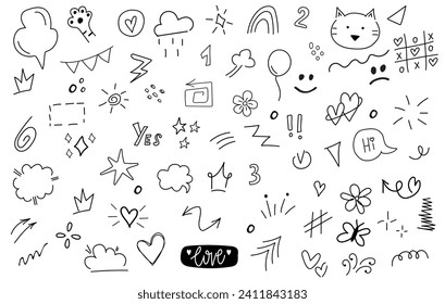  Big set of cartoon doodle hand drawn elements. Line art. Crowns, hearts, stars, flowers, sparkles, cat, arrows, lightnings,  signs and other funny design elements іsolated on white background.