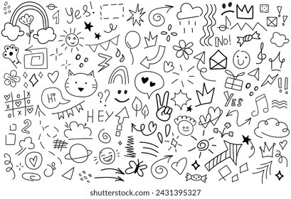 Big set of cartoon doodle hand drawn elements. Line art. Crowns, hearts, stars, flowers, sparkles, arrows, lightnings,  signs and other funny design elements іsolated on white background.