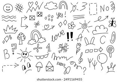 Großes Set von Cartoon Doodle handgezeichnete Elemente. Kronen, Herzen, Sterne, Blumen, Funkeln, Pfeile, Blitze, Regenbogen und andere witzige Design-Elemente.