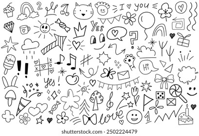 Big set of cartoon doodle hand drawn elements. Line art. Crowns, rainbow, hearts, stars, flowers, sparkles, arrows, lightnings, signs, funny design elements іsolated on white background.