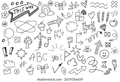 Big set of cartoon doodle hand drawn elements. Line icons. Crowns, hearts, stars, flowers, sparkles, arrows, lightnings, signs and other funny design elements іsolated on white background.