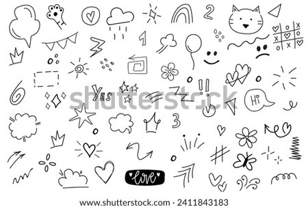  Big set of cartoon doodle hand drawn elements. Line art. Crowns, hearts, stars, flowers, sparkles, cat, arrows, lightnings,  signs and other funny design elements іsolated on white background.