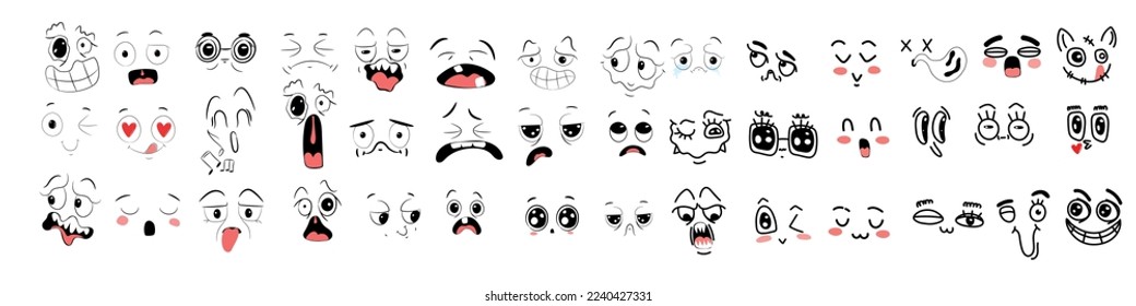 Big set cartoon faces. Expressive eyes and mouth, smiling, crying and surprised facial expressions of the character. Cartoon comic emotions or doodle emoticons. Set