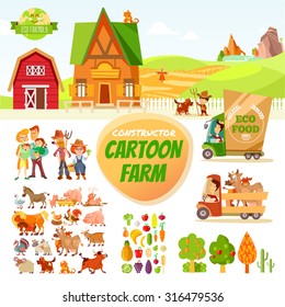 Big set of cartoon farm elements and characters. Farm constructor.Create your own cartoon farm. Buildings,people,farm animals,cars,trees,vegetables,fruits isolated on white. Vector illustration