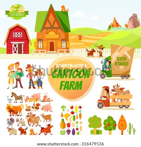 Big set of cartoon farm elements and characters. Farm constructor.Create your own cartoon farm. Buildings,people,farm animals,cars,trees,vegetables,fruits isolated on white. Vector illustration