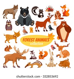 Big set of cartoon forest animals.Wolf,bears,hedgehog,skunk,deers,beaver,fox,mouse,birds,elk,lynx,squirrel,hare,owl. Wildlife icon set isolated on white