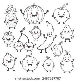 big set of cartoon fruits isolated on white. Funny fruit. Doodle style. Cute food character with arms and legs. Vector illustration