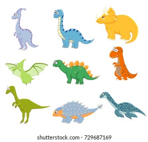 Big set  of cartoon funny dinosaurs. Vector illustration. Stegosaurus, diplodocus, triceratops, pterodactyl, t-rex, parasaurolophus . Dinisaurs collection.