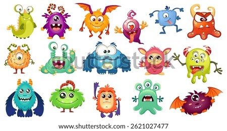 Big set of cartoon funny smiling monster characters for kids. Set of cute comic multicolored. Vector illustration monsters isolated on white background