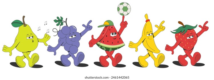 A big set of cartoon groovy characters:pear,grape, watermelon,strawberry,banana. Isolated on a white background. Retro style.Elements of the summer design of a poster,T-shirt print, sticker.Vector