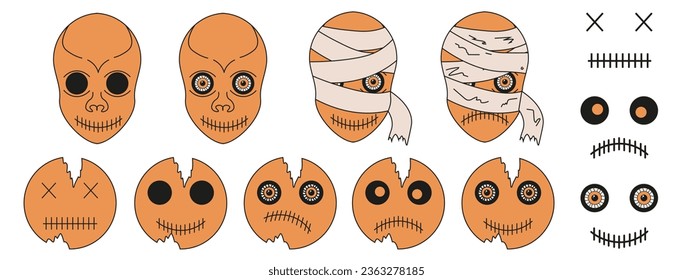 Big Set Cartoon Halloween outline monster head, mummy, smile Editable Stroke. Hand drawn collection of face isolated transparent background. Halloween creepy collage. Vector illustration. 