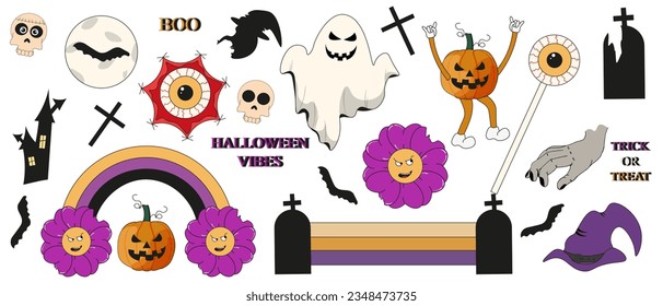 Big set of Cartoon Halloween Sticker isolated on white background. Collage of Halloween symbol and elements. Collection of Trendy Groovy Retro creepy icon. Vector illustration.